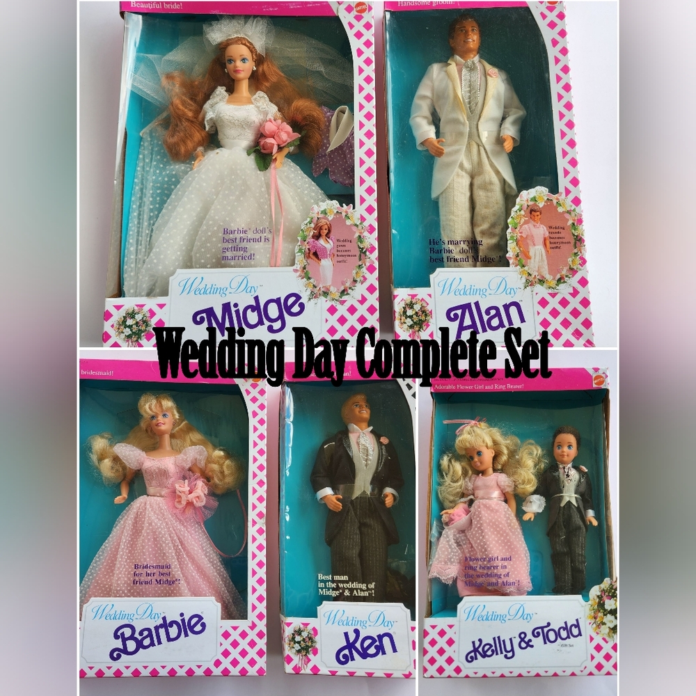 🌌 1990 Wedding Day Midge, Alan, Barbie, Ken, Kelly & Todd Vintage Dolls 39-43